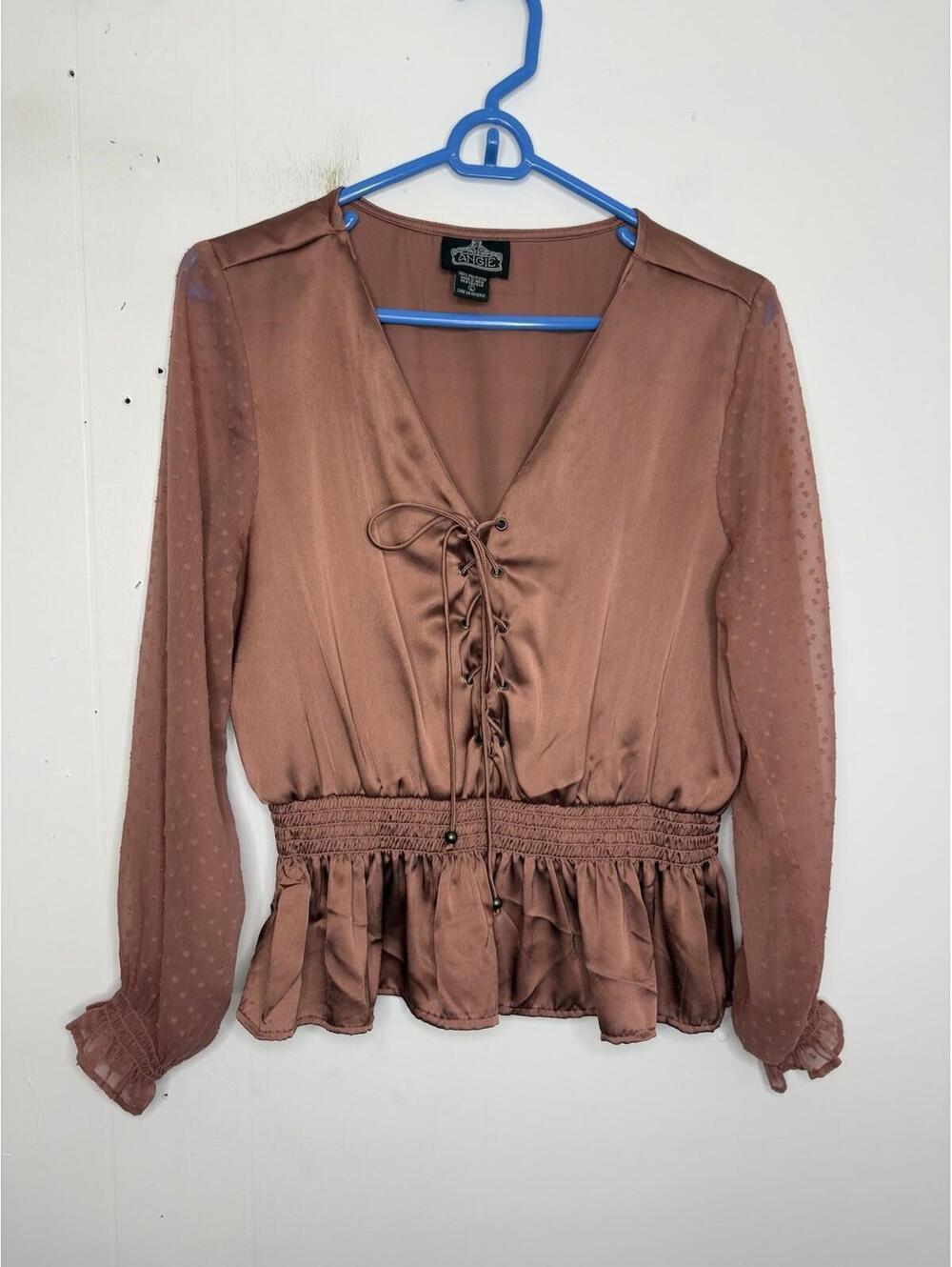 Angie Top Womens Silky Sheer Poplin Sleeves Peplum Dusty Rose Pirate Romantic